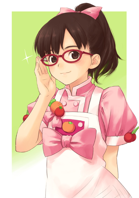 bow brown_eyes brown_hair carrot cherry food food_themed_clothes fruit glasses hair_bow inoh_shin inou_shin orange ponytail red-framed_glasses
