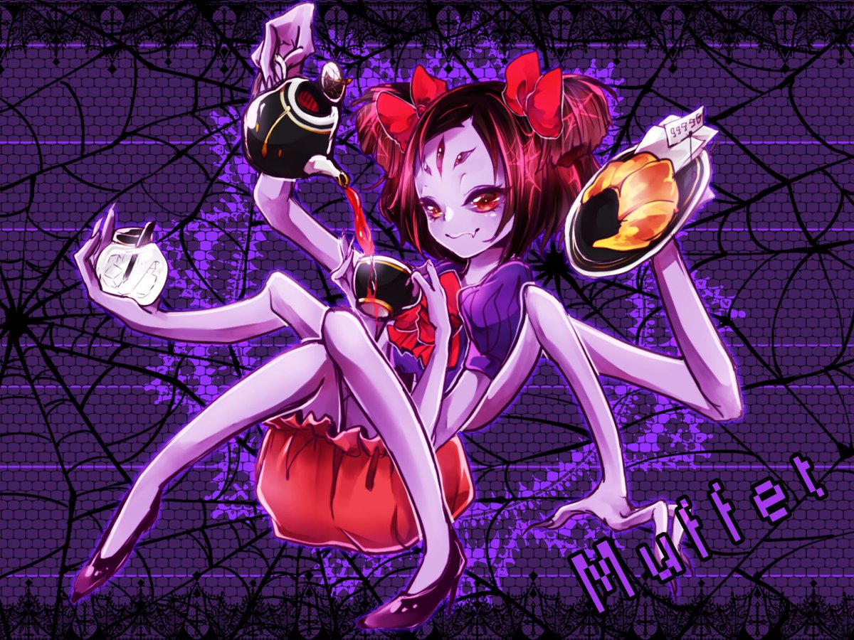 1girl black_hair character_name claws cup dress extra_arms extra_eyes fang food insect_girl knees_together_feet_apart monster_girl muffet mugino_kirin pouring purple_skin red_eyes ribbon shoes short_hair silk smile solo spider_girl spider_web tea teacup teapot twintails undertale