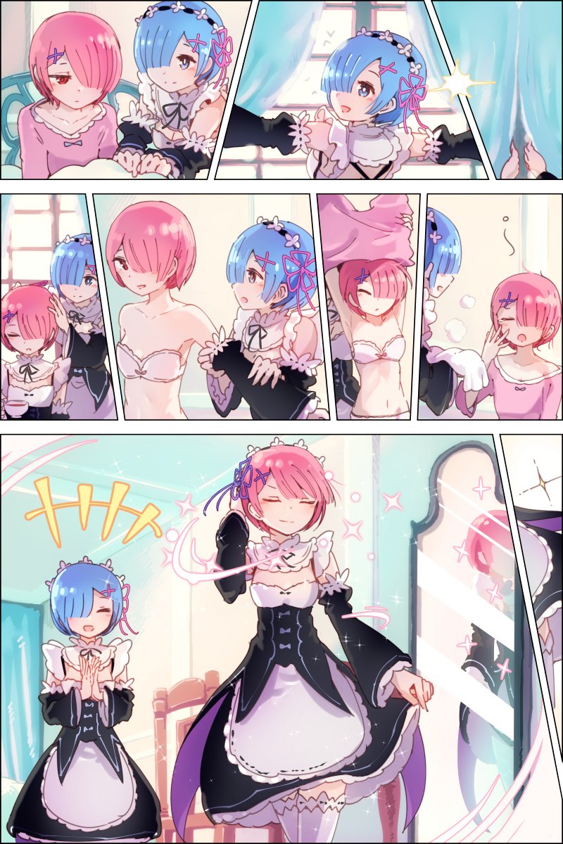 2girls ^_^ artist_request bed bed_sheet blue_hair blush bow bra breasts clapping cleavage cleavage_cutout closed_eyes combing comic cup curtains dress fabulous flat_chest hair_bow hair_over_one_eye hair_ribbon half-closed_eyes hand_in_hair happy highres indoors maid maid_headdress mirror multiple_girls navel no_text off_shoulder open_mouth pajamas panels pink_hair pink_ribbon pink_shirt ram_(re:zero) re:zero_kara_hajimeru_isekai_seikatsu reflection rem_(re:zero) ribbon shirt siblings sisters skirt skirt_lift small_breasts smile smirk sparkle stomach tea teacup thigh-highs towel twins underwear undressing waking_up window yawning
