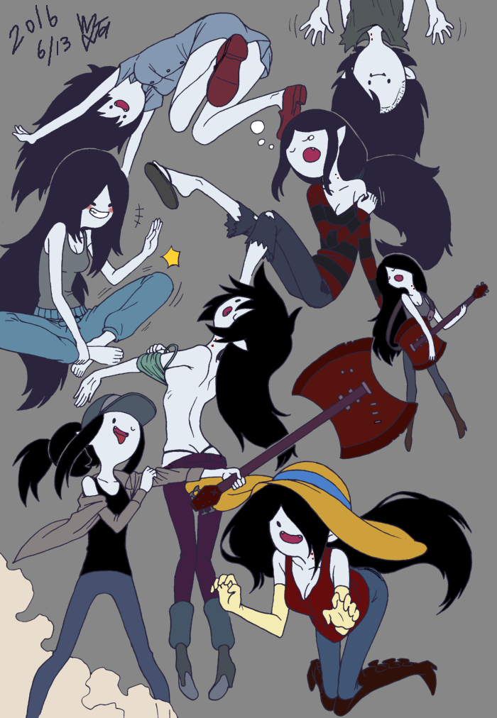 1girl adventure_time alternate_costume alternate_hairstyle ass axe back barefoot bite_mark black_hair boots breasts butt_crack cleavage dressing elbow_gloves fangs floating gloves grey_skin guitar hat head_tilt indian_style instrument looking_at_viewer looking_back marceline_abadeer multiple_persona multiple_views playing_instrument pointy_ears sandals sitting smile sun_hat tank_top thong tongue tongue_out topless upside-down vampire weapon yanagida_fumita