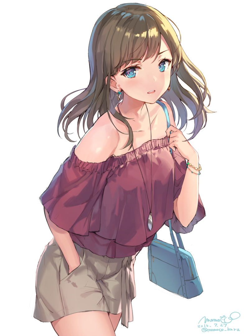 1girl bag bare_shoulders blue_eyes brown_hair collarbone cowboy_shot dated earrings eyebrows eyebrows_visible_through_hair hand_in_pocket jewelry looking_at_viewer momoko_(momopoco) off-shoulder_shirt original parted_lips pendant shirt shorts signature simple_background solo twitter_username