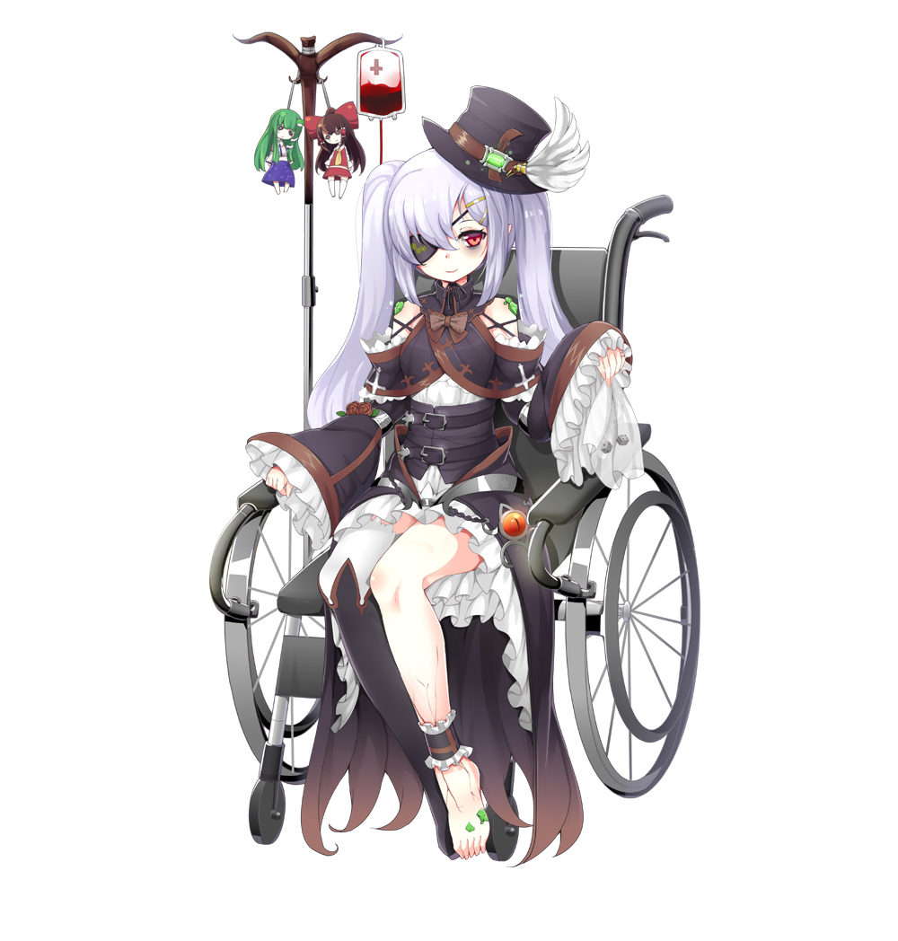 bare_legs bare_shoulders barefoot black_eye blood crystal dice doll eyepatch gothic_lolita hair hakurei_reimu handkerchief hanged hat injury kochiya_sanae lolita_fashion md5_mismatch ootsuki_momiji original red_eyes tears touhou twintails veins wheelchair white wide_sleeves