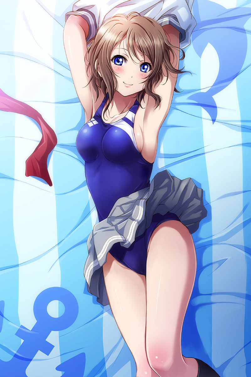 1girl anchor_symbol armpits arms_up blue_eyes breasts brown_hair competition_swimsuit highres looking_at_viewer love_live! love_live!_sunshine!! lying medium_breasts on_back one-piece_swimsuit school_swimsuit shian_(my_lonly_life.) short_hair skirt smile solo striped swimsuit swimsuit_under_clothes vertical_stripes watanabe_you