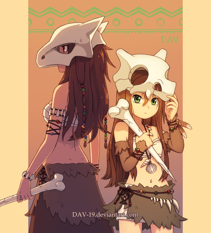 2girls arm_warmers back bandeau beads bone brown_hair cubone dav-19 fang_necklace fangs green_eyes looking_at_viewer looking_to_the_side marowak midriff multiple_girls navel personification pokemon red_eyes sarashi seashell shell skirt skull skull_helmet skull_mask tooth_necklace tribal wristband