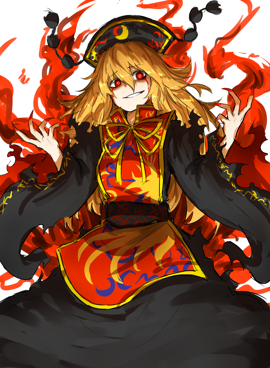 1girl black_dress blonde_hair blood bloody_tears chinese_clothes commentary_request crescent dress energy fingernails fox_tail hat highres junko_(touhou) kan_(aaaaari35) long_fingernails long_hair long_sleeves looking_at_viewer multiple_tails nail_polish parted_lips pom_pom_(clothes) red_eyes red_nails sash smile solo tabard tail touhou white_background wide_sleeves