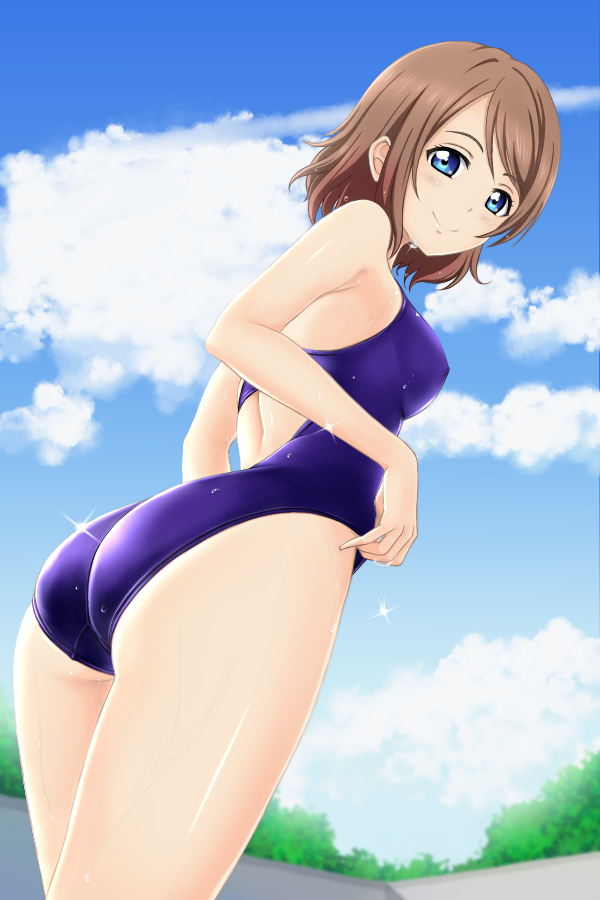 1girl adjusting_clothes adjusting_swimsuit ass back blue_eyes blush breasts brown_hair clouds competition_swimsuit looking_at_viewer looking_back love_live! love_live!_sunshine!! nonaka_chikin one-piece_swimsuit shiny shiny_clothes short_hair sky smile solo swimsuit watanabe_you wet