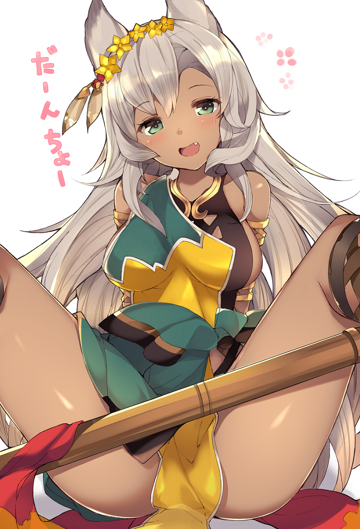1girl animal_ears arm_support blush breasts cat_ears commentary_request dark_skin erun_(granblue_fantasy) fang flower granblue_fantasy green_eyes grey_hair hair_flower hair_ornament haruyuki_(yukichasoba) long_hair looking_at_viewer nemone open_mouth sideboob simple_background sitting smile solo spread_legs translation_request