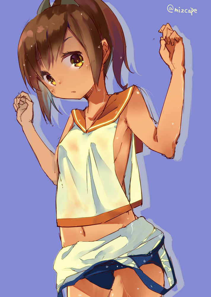 1girl bangs bare_arms blue_background breasts brown_hair chig_(mizusaki) collarbone covered_nipples cowboy_shot eyebrows hair_ornament hands_up i-401_(kantai_collection) kantai_collection navel parted_lips ponytail school_swimsuit school_uniform serafuku simple_background sketch sleeveless small_breasts solo stomach swimsuit tan twitter_username wet wet_clothes wet_hair wet_swimsuit yellow_eyes