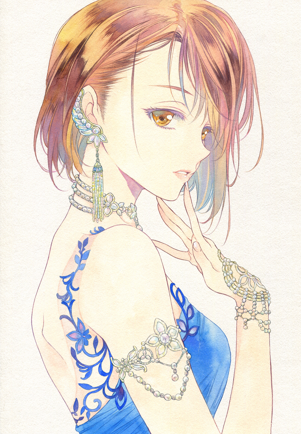 1girl agahari bare_shoulders brown_eyes brown_hair dress earrings finger_to_mouth graphite_(medium) highres jewelry looking_at_viewer original paint_(medium) short_hair solo traditional_media