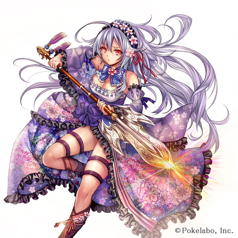 1girl ahoge arm_up bangs bare_shoulders bow bowtie breasts cleavage company_name detached_sleeves dress floral_print flower foreshortening frilled_dress frills glowing glowing_weapon hair_between_eyes hair_flower hair_ornament hair_ribbon hairband holding holding_weapon long_hair looking_at_viewer madogawa official_art polearm red_eyes ribbon sengoku_gensoukyoku silver_hair simple_background solo spear tassel weapon white_background wide_sleeves