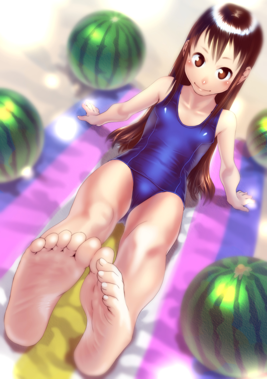 1girl arm_support bare_legs barefoot beach blush brown_eyes brown_hair collarbone feet flat_chest food fruit highres legs long_hair old_school_swimsuit original school_swimsuit sitting smile soles solo soon swimsuit toes towel watermelon