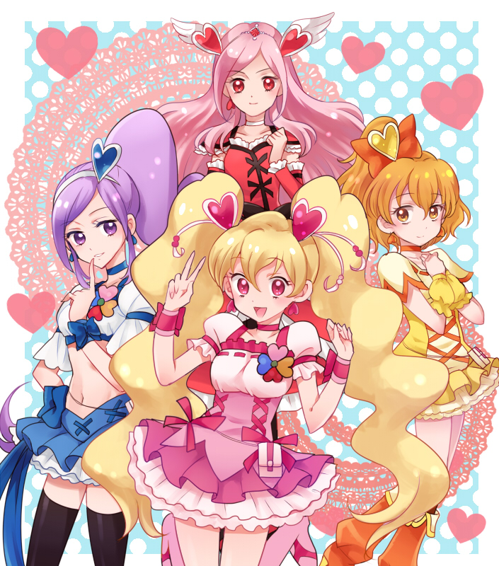 4girls :d aono_miki black_legwear blonde_hair blue_bow blue_skirt boots bow brown_eyes brown_hair choker cure_berry cure_passion cure_peach cure_pine earrings fresh_precure! hair_bow hair_ornament hairband heart heart_hair_ornament higashi_setsuna hirounp jewelry knee_boots long_hair looking_at_viewer magical_girl momozono_love multiple_girls open_mouth orange_boots orange_bow pink_eyes pink_hair pink_skirt precure purple_hair red_eyes short_hair skirt smile thigh-highs tiara twintails v violet_eyes wrist_cuffs yamabuki_inori yellow_bow