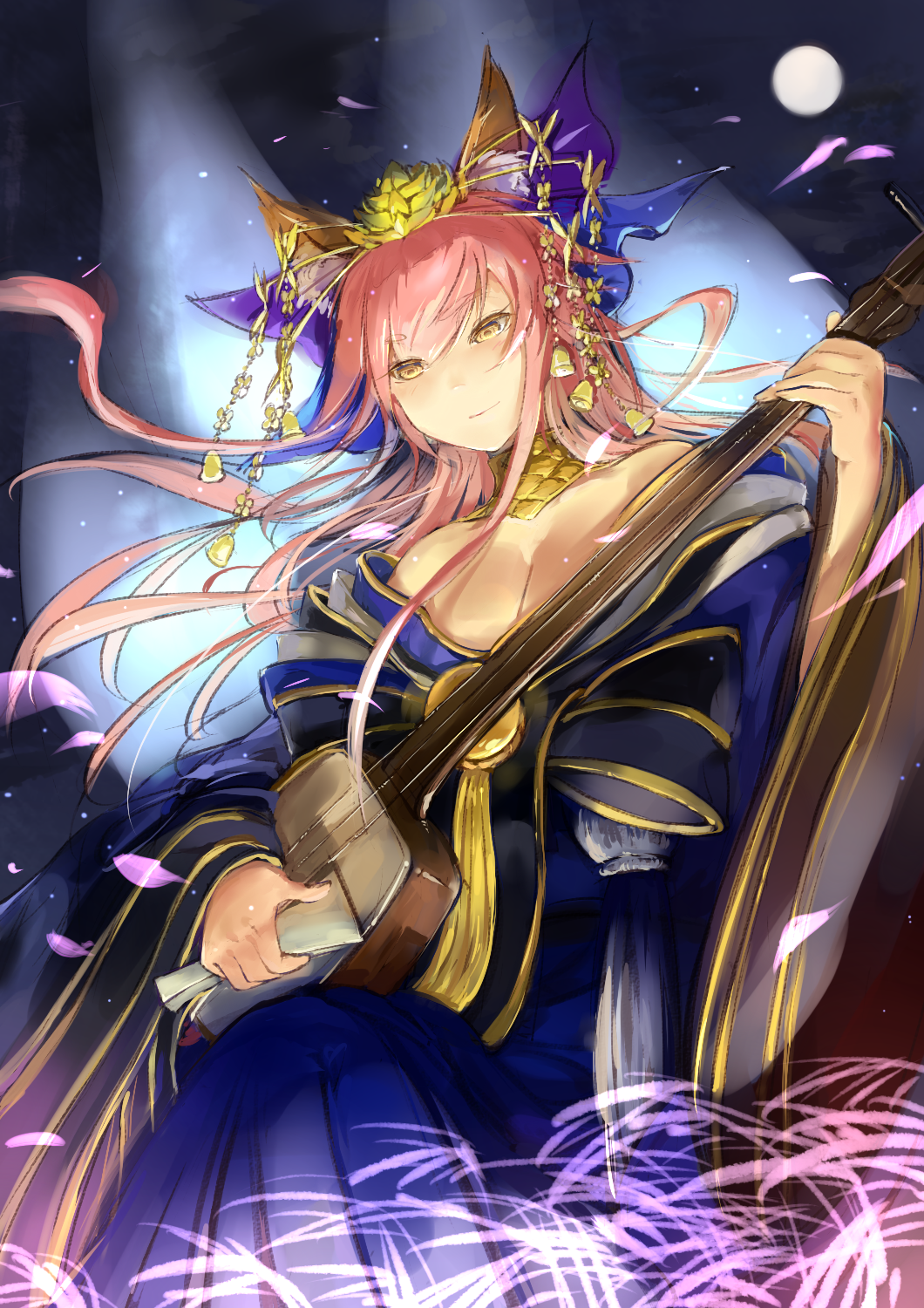 1girl animal_ears bow breasts caster_(fate/extra) cleavage detached_sleeves fate/extra fate/grand_order fate_(series) fox_ears full_moon hair_bow hair_ribbon highres instrument japanese_clothes large_breasts moon pink_hair ribbon shamisen solo yellow_eyes yinzhang