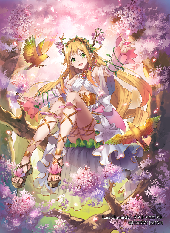 1girl :d bird blonde_hair breasts cherry_blossoms copyright_name detached_sleeves eihi english full_body green_eyes hair_ribbon head_tilt in_tree last_chronicle leg_ribbon long_hair open_mouth pointy_ears ribbon sandals sitting skirt sleeves_past_wrists smile solo sunlight tree tress_ribbon very_long_hair watermark