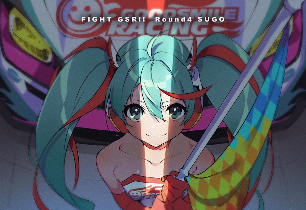 1girl aqua_hair bare_shoulders choker flag from_above gloves goodsmile_racing hatsune_miku long_hair looking_at_viewer orange_gloves racecar racequeen smile solo twintails vocaloid yoneyama_mai