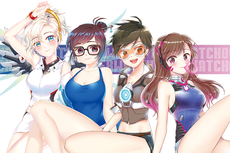 4girls adapted_costume artist_request blonde_hair breasts brown_hair cleavage d.va_(overwatch) glasses goggles headphones looking_at_viewer mechanical_halo mechanical_wings mei_(overwatch) mercy_(overwatch) midriff multiple_girls navel overwatch short_shorts shorts tracer_(overwatch) wings