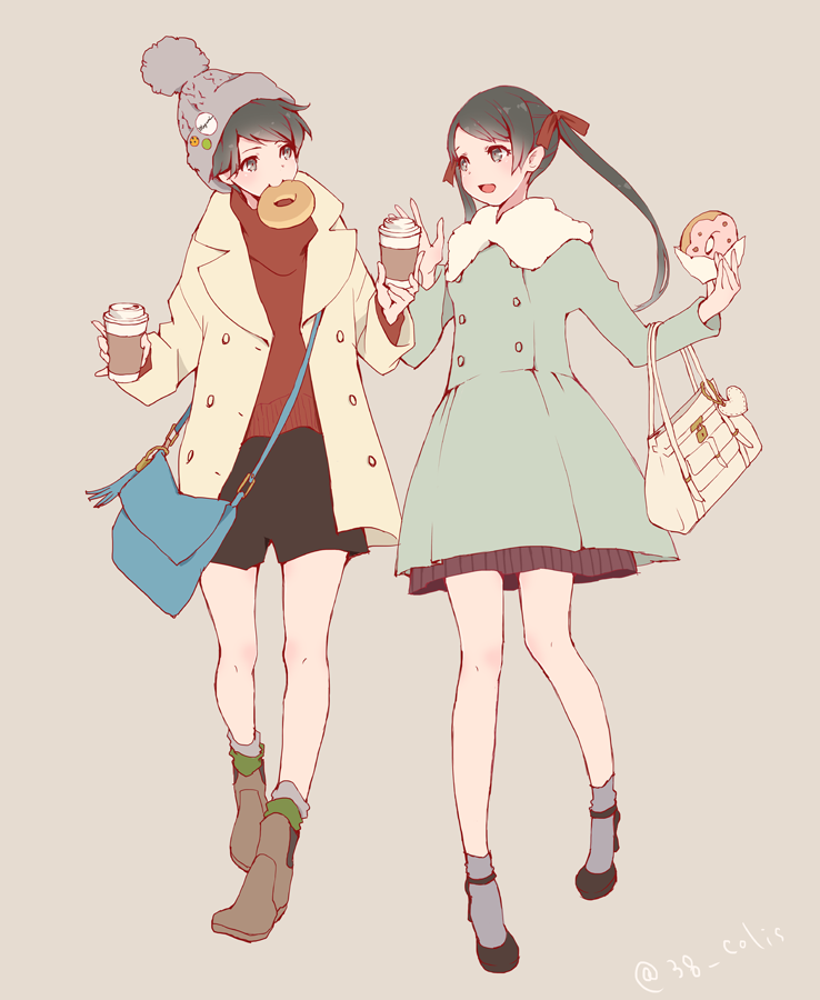 2girls alternate_costume bag beanie black_hair black_shorts buttons casual coat coffee_cup colis commentary_request cup doughnut food full_body grey_background grey_eyes handbag hat holding holding_cup holding_food kantai_collection knit_hat mikuma_(kantai_collection) mogami_(kantai_collection) mouth_hold multiple_girls paper_cup patterned_background red_sweater short_hair shorts shoulder_bag sweater twintails twitter_username winter_clothes