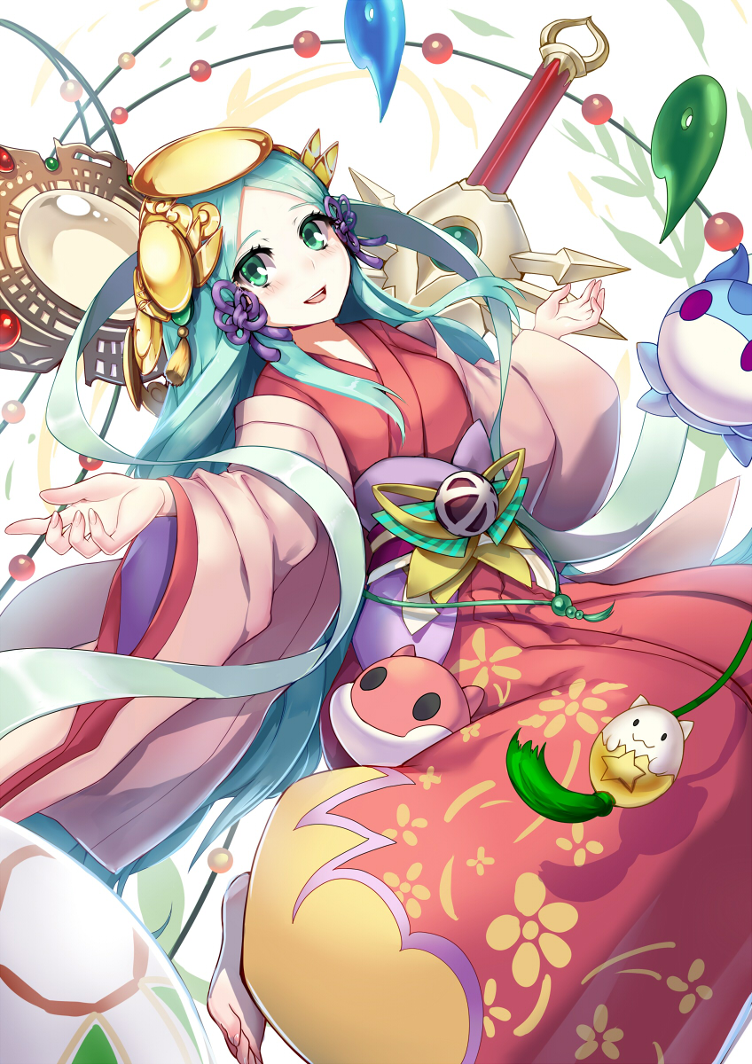 1girl amaterasu_(p&amp;d) aqua_hair barefoot blush commentary_request green_eyes headgear highres japanese_clothes jewelry kimono long_hair long_sleeves looking_at_viewer open_mouth puzzle_&amp;_dragons sash smile solo sword tamadra very_long_hair wada_masanori weapon wide_sleeves