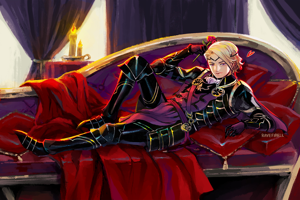 1boy armor armored_boots artist_name blonde_hair boots candle cape couch fire_emblem fire_emblem_if flower gloves heart leaf male_focus marx_(fire_emblem_if) pillow ravefirell rose solo tiara violet_eyes