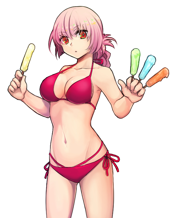 1girl bikini breasts cleavage cocorosso fate/stay_night fate_(series) florence_nightingale_(fate/grand_order) folded_ponytail long_hair looking_at_viewer navel parted_lips pink_hair popsicle purple_bikini red_eyes simple_background solo swimsuit white_background