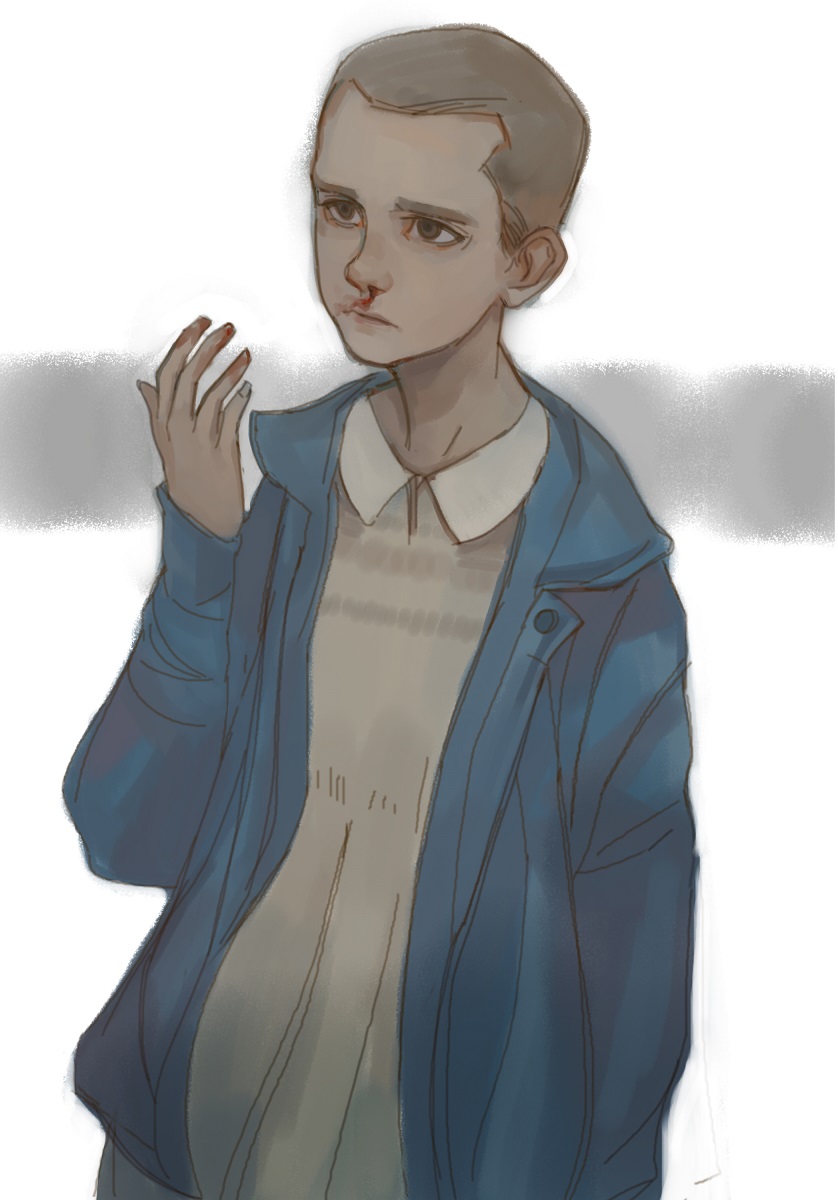 1girl androgynous blood brown_hair dress eleven highres nosebleed season_(artist) short_hair solo stranger_things windbreaker