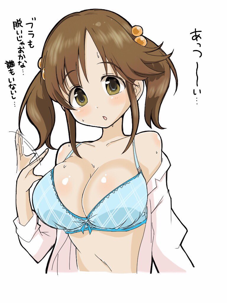 1girl bare_shoulders bra breasts brown_eyes brown_hair fanning_self hair_ornament idolmaster idolmaster_cinderella_girls large_breasts long_hair looking_at_viewer open_mouth penpen_(03020507) solo sweat totoki_airi translated twintails underwear undressing
