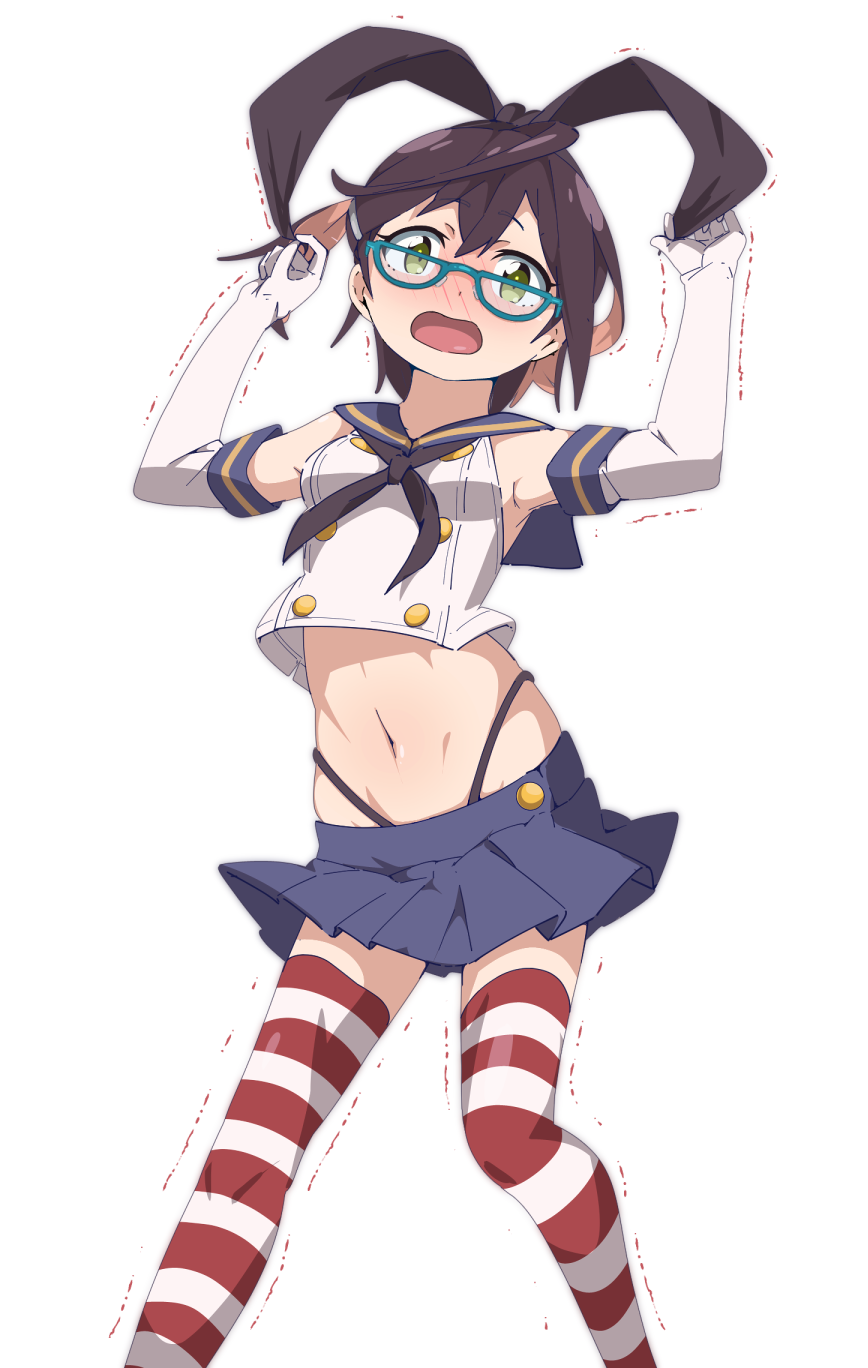 1girl ahoge alternate_costume arms_up awachi black_panties blue-framed_eyewear blue_skirt blush breasts brown_hair buttons cosplay crop_top elbow_gloves glasses gloves green_eyes hairband highleg highleg_panties highres kantai_collection looking_at_viewer miniskirt multicolored_hair navel okinami_(kantai_collection) open_mouth panties pink_hair sailor_collar school_uniform serafuku shimakaze_(kantai_collection) shimakaze_(kantai_collection)_(cosplay) short_hair simple_background skirt small_breasts solo striped striped_legwear thigh-highs trembling underwear white_background white_gloves