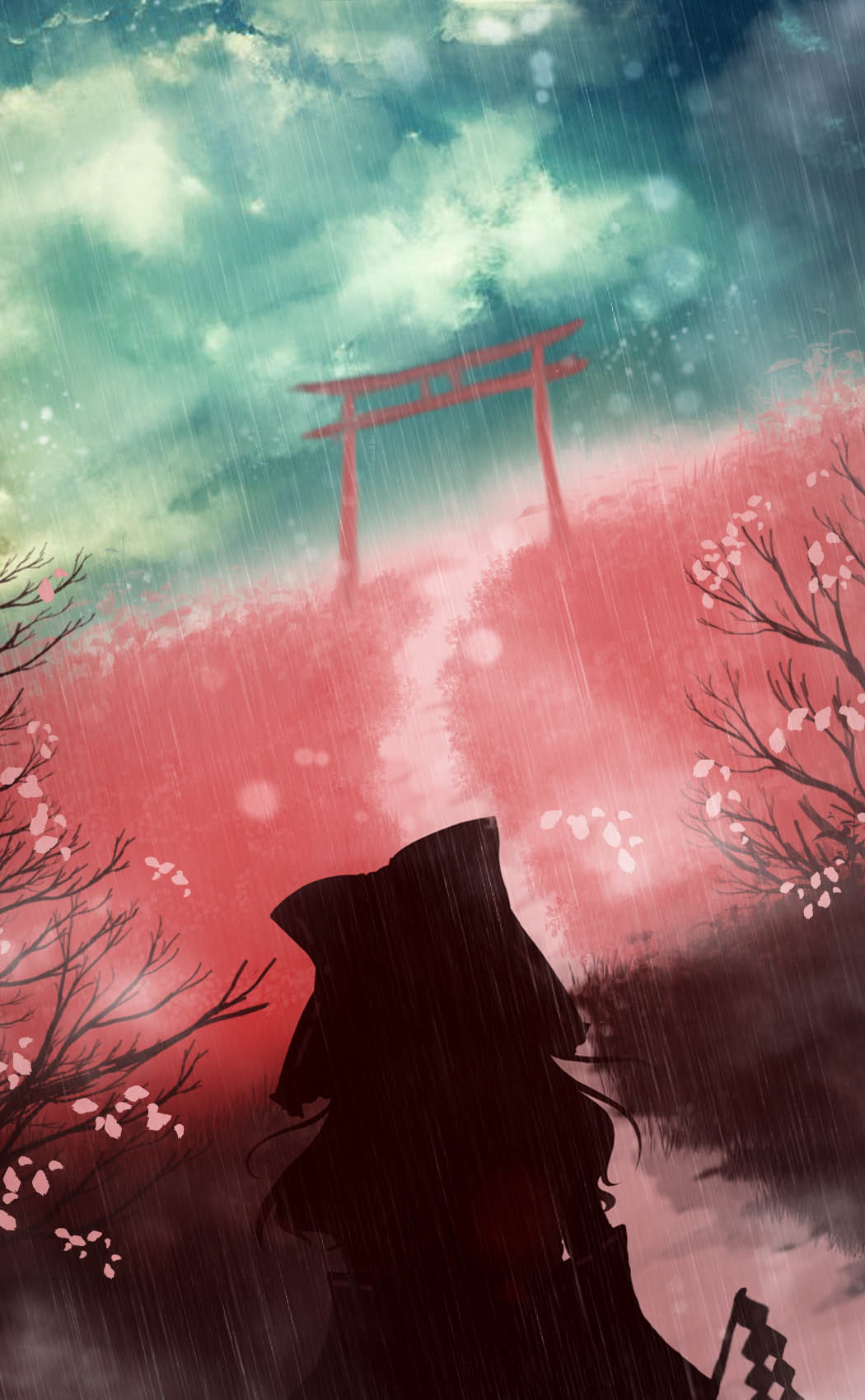 1girl akyuun bow clouds commentary from_behind gohei hair_bow hakurei_reimu highres hill long_hair path road scenery silhouette sky solo texture torii touhou tree