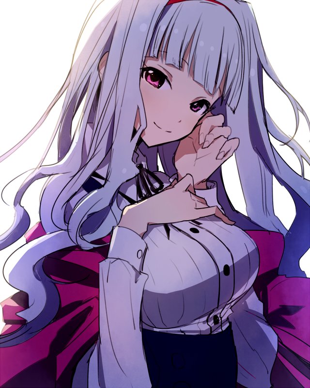 1girl breasts hands_on_own_chest idolmaster long_hair long_sleeves looking_at_viewer oro_(sumakaita) shijou_takane shirt silver_hair smile solo taut_clothes taut_shirt violet_eyes