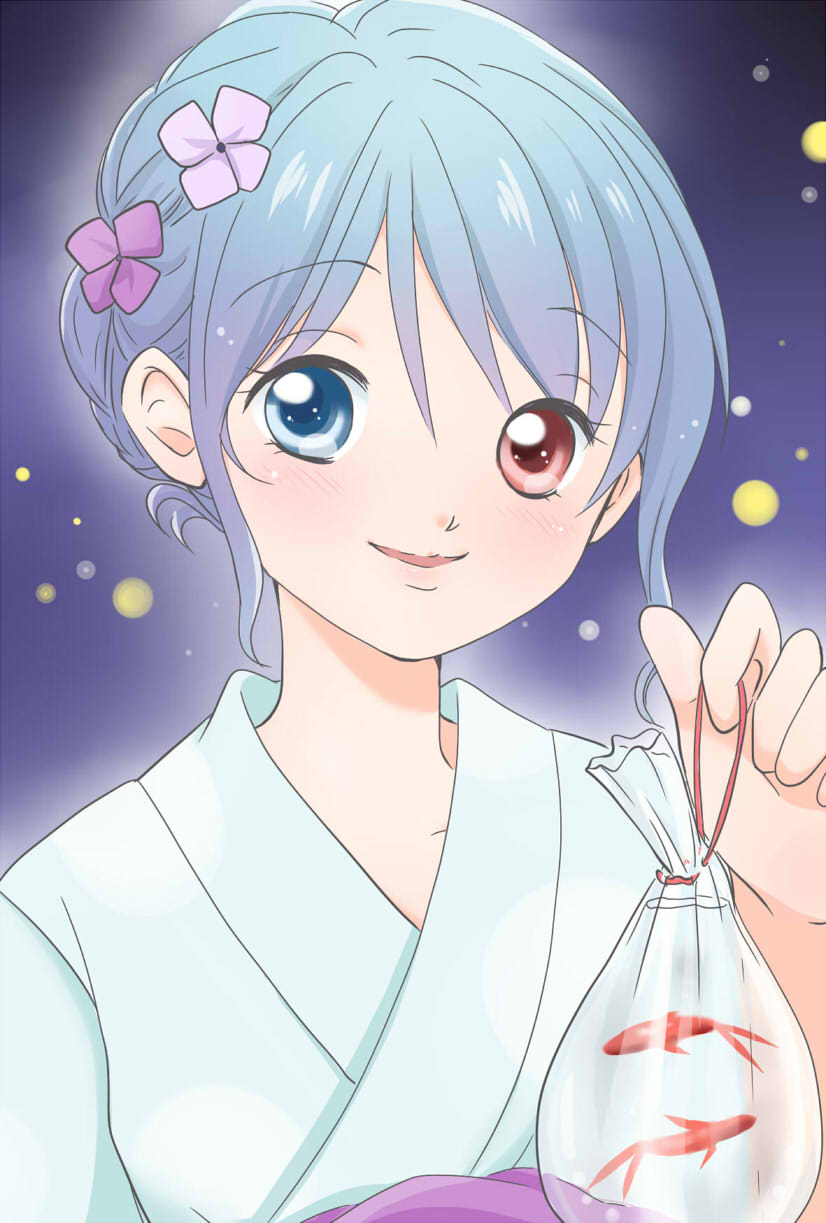 1girl blue_hair commentary_request heterochromia highres japanese_clothes kimono solo tatara_kogasa touhou yukata yuzuna99
