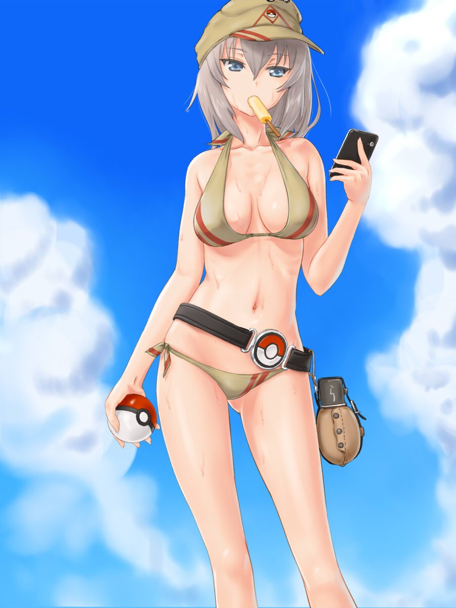 1girl bangs belt bikini bikini_bottom bikini_top blue_eyes blue_sky breasts cellphone cleavage commentary_request contrapposto flat_cap food food_in_mouth girls_und_panzer hair_between_eyes hat highres holding holding_food itsumi_erika large_breasts navel phone playing_games poke_ball pokemon pokemon_go popsicle rasukaru side-tie_bikini silver_hair sky smartphone solo swimsuit