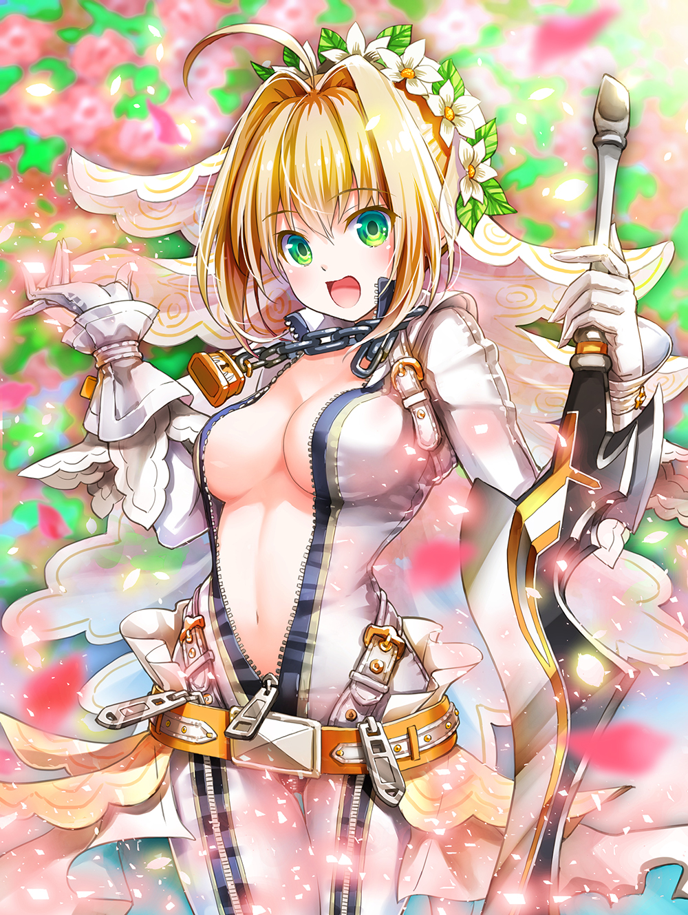 1girl :d ahoge bangs belt belt_buckle blonde_hair blurry blush bodysuit breasts buckle center_opening chain cleavage cowboy_shot depth_of_field eyebrows eyebrows_visible_through_hair fate/extra fate/extra_ccc fate_(series) fingerless_gloves floral_background flower full-length_zipper gloves green_eyes hair_between_eyes hair_flower hair_intakes hair_ornament head_wreath highres holding holding_sword holding_weapon light_particles lock long_sleeves looking_at_viewer motion_blur open_mouth padlock saber_bride saber_extra smile solo suishougensou sword thigh_gap unzipped veil weapon white_flower wrist_cuffs zipper