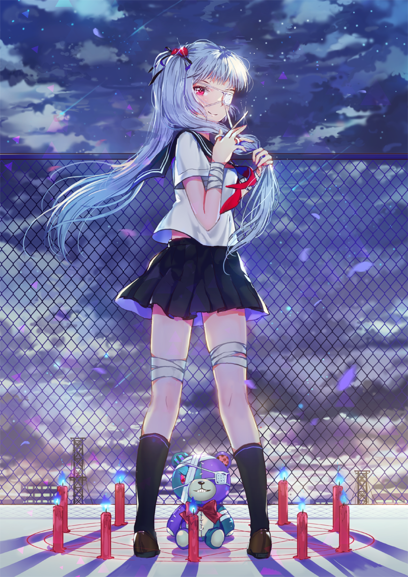 1girl aqua_hair bandages black_legwear candle chain-link_fence chuunibyou dangmill eyepatch fence from_behind hair_bobbles hair_ornament hair_ribbon hatsune_miku kneehighs loafers long_hair looking_at_viewer looking_back magic_circle medical_eyepatch miniskirt neckerchief petals pleated_skirt red_eyes ribbon rooftop school_uniform scissors serafuku shoes short_sleeves skirt smile solo stuffed_animal stuffed_toy teddy_bear twintails very_long_hair vocaloid