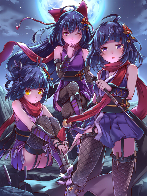 3girls ;) ahoge arm_guards armor armored_boots bangs black_hair black_panties blush boots bow chisel_(ole_tower) closed_mouth clouds crack crossed_legs detached_sleeves double_bun eyebrows eyebrows_visible_through_hair fishnet_legwear fishnets flat_chest floating_hair garter_straps gimlet_(ole_tower) hair_between_eyes hair_bow hair_ornament hair_rings holding holding_weapon holster japanese_clothes kimono knees_up long_hair looking_at_viewer mataichi_matarou multiple_girls night night_sky ninja obi ole_tower on_floor one_eye_closed panties pantyshot pantyshot_(sitting) parted_lips pinwheel plane_(ole_tower) purple_bow red_bow red_scarf remodel_(ole_tower) rope sash scarf shade short_hair short_kimono short_sword sidelocks sitting sky sleeveless sleeveless_kimono smile sphere standing sword tassel thigh-highs thigh_holster underwear upskirt very_long_hair violet_eyes weapon wind yellow_eyes
