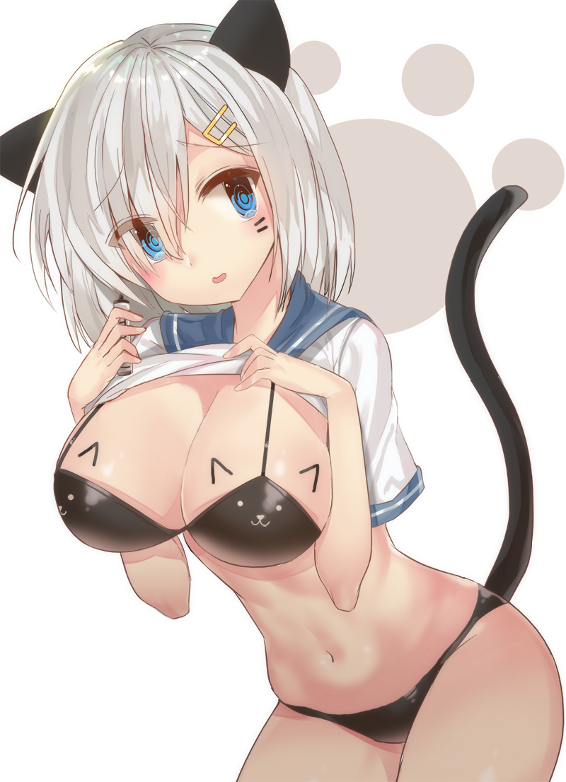 1girl :3 animal_ears artist_request bikini black_bikini blue_eyes breasts cat_ears cat_tail cleavage cowboy_shot eyebrows eyebrows_visible_through_hair hair_between_eyes hair_ornament hairclip hamakaze_(kantai_collection) hands_up head_tilt kantai_collection kemonomimi_mode large_breasts looking_at_viewer midriff navel open_mouth school_uniform serafuku shirt shirt_lift short_hair short_sleeves silver_hair simple_background solo stomach swimsuit tail tearing_up white_background white_shirt