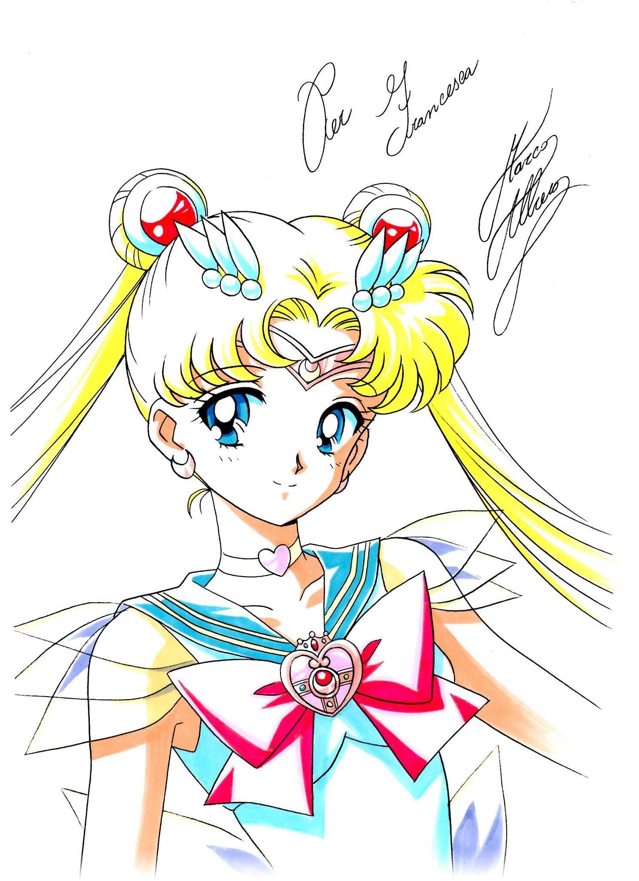 1girl bishoujo_senshi_sailor_moon blonde_hair blue_eyes bow brooch choker crescent crescent_earrings double_bun earrings hair_ornament hairpin highres jewelry long_hair looking_at_viewer magical_girl marco_albiero marker_(medium) red_bow sailor_collar sailor_moon signature smile solo super_sailor_moon tiara traditional_media tsukino_usagi twintails upper_body white_background