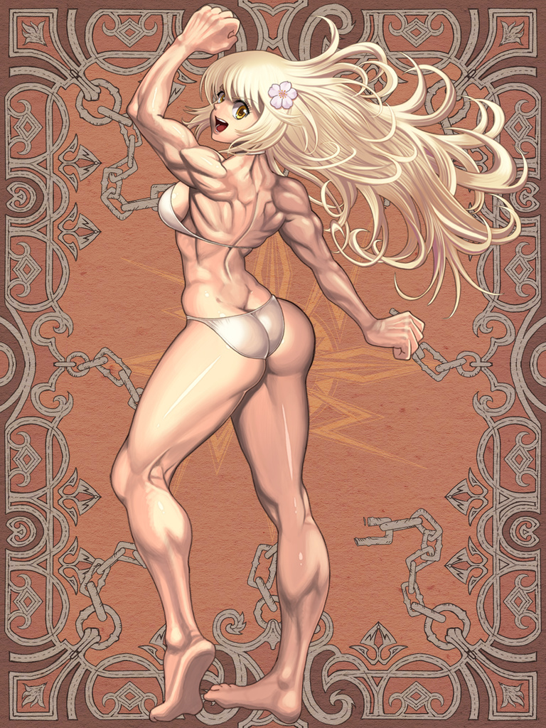 1girl arm_up ass back bare_shoulders barefoot bikini blonde_hair breasts butt_crack eyebrows eyebrows_visible_through_hair flexing flower from_behind hair_flower hair_ornament hayakawa_sonchou kerberos_blade long_hair looking_at_viewer looking_back medium_breasts muscle muscular_female open_mouth pose smile solo swimsuit thighs tiptoes white_bikini white_swimsuit yellow_eyes