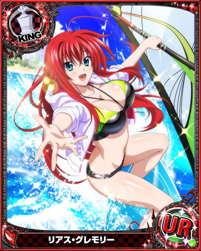1girl ahoge artist_request blue_eyes breasts card_(medium) character_name chess_piece covered_nipples high_school_dxd king_(chess) large_breasts long_hair midriff official_art open_clothes redhead rias_gremory solo swimsuit trading_card very_long_hair