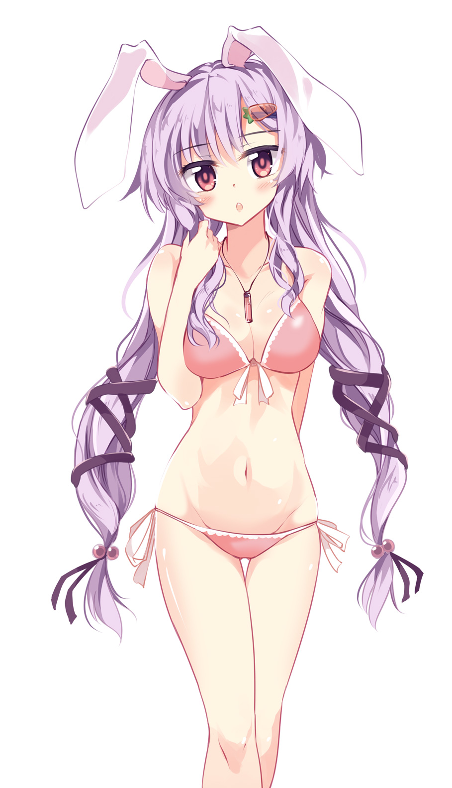 1girl :o alternate_hairstyle animal_ears bangs bikini blush breasts carrot_hair_ornament cleavage eyelashes food_themed_hair_ornament front-tie_bikini front-tie_top groin hair_bobbles hair_ornament hair_ribbon hairclip head_tilt highres jewelry jpeg_artifacts long_hair looking_at_viewer maturiuta_sorato navel necklace parted_bangs pendant playing_with_own_hair purple_hair rabbit_ears red_eyes reisen_udongein_inaba ribbon side-tie_bikini simple_background solo swimsuit tareme thigh_gap touhou white_background