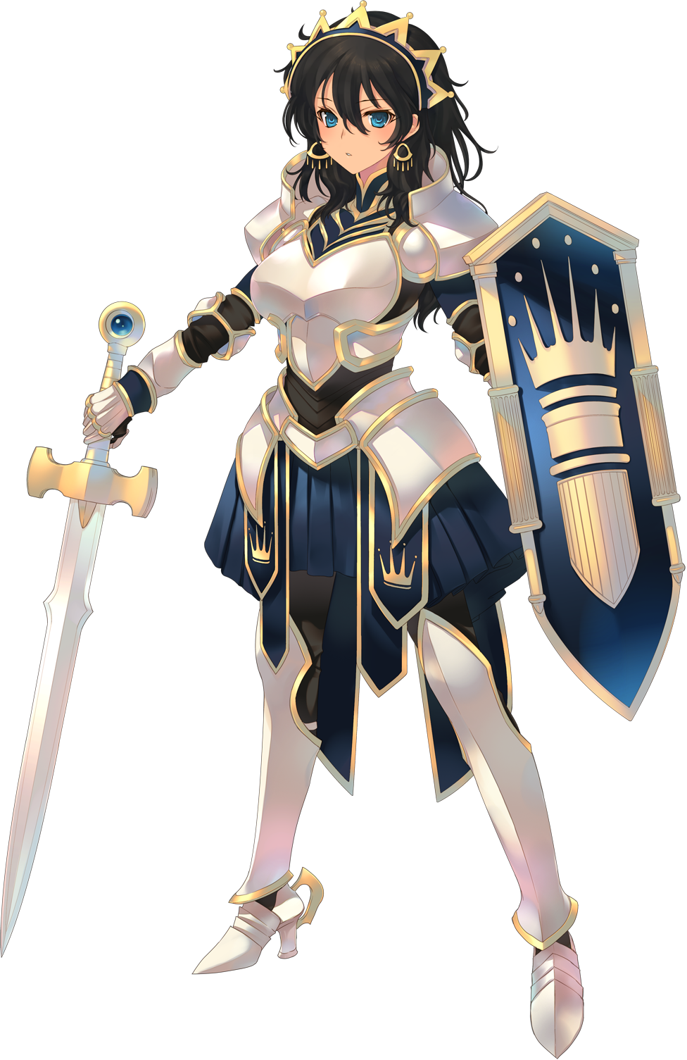 1girl amazuyu_tatsuki armor armored_boots black_hair blue_eyes boots breastplate dark_skin dungeon_travelers_2 earrings full_body gauntlets hair_ornament highres holding holding_weapon jewelry long_hair pauldrons pleated_skirt shield skirt solo standing sword thigh-highs weapon