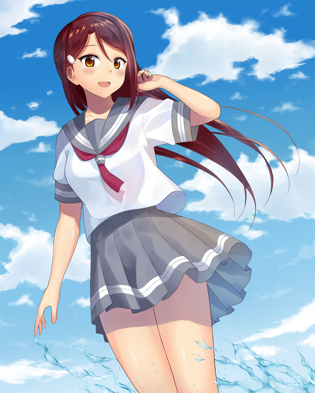 blush brown_eyes long_hair love_live!_sunshine!! maroon_hair sakurauchi_riko seifuku sky surprised