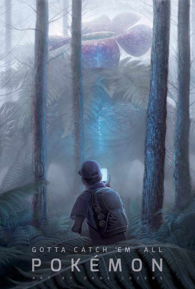 1boy artist_name backpack bag baseball_cap cellphone commentary dane_cozens fog forest hat nature phone pokemon pokemon_(creature) red_(pokemon) smartphone venusaur