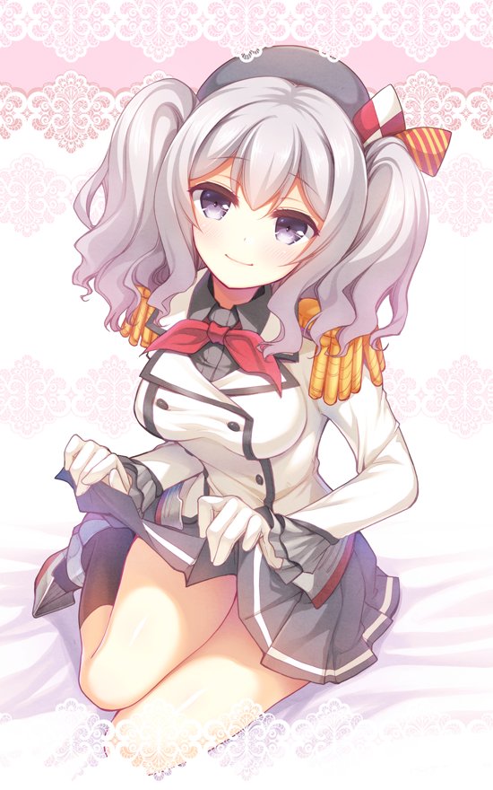 1girl beret black_legwear breasts buttons double-breasted epaulettes frilled_sleeves frills gloves gunp hat kantai_collection kashima_(kantai_collection) kerchief lace_background large_breasts looking_at_viewer military military_uniform miniskirt neckerchief pleated_skirt sidelocks silver_hair sitting skirt skirt_lift smile socks solo twintails uniform violet_eyes wavy_hair white_gloves yokozuwari