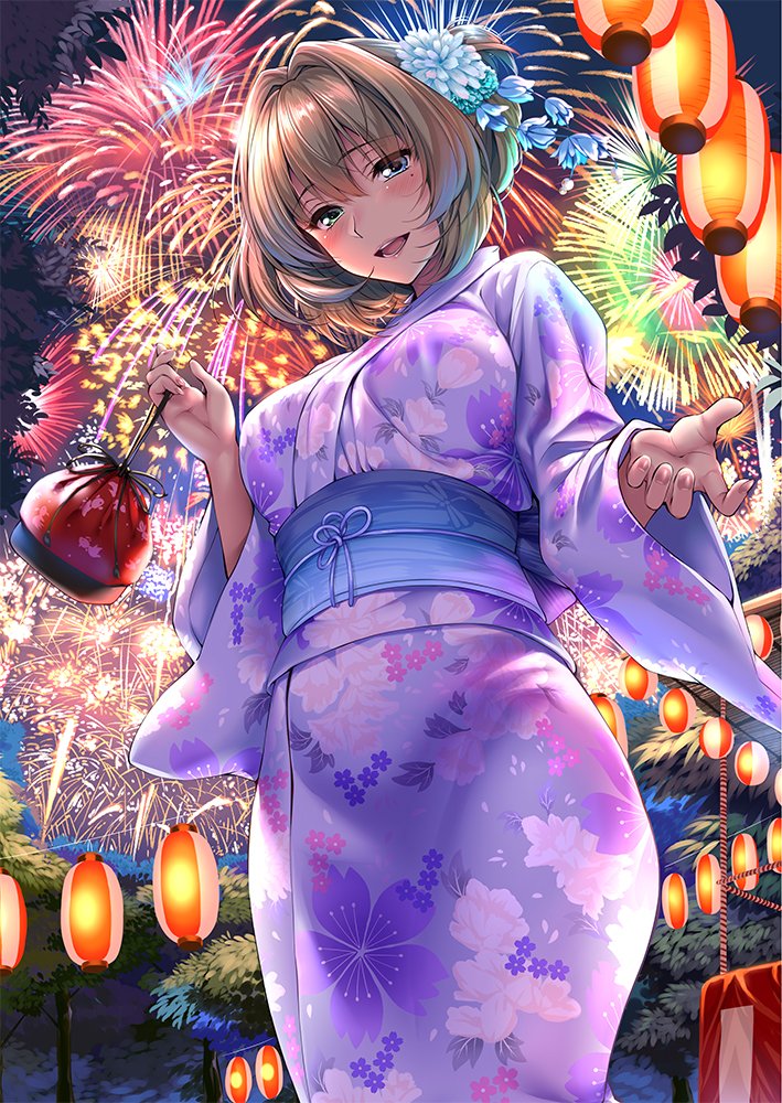 1girl :d blue_eyes blush brown_hair fingernails fireworks flower from_below green_eyes hair_flower hair_ornament heterochromia idolmaster idolmaster_cinderella_girls japanese_clothes kimono kinchaku lantern mole mole_under_eye night night_sky obi open_mouth outdoors paper_lantern piromizu sash sky smile solo summer_festival takagaki_kaede yukata