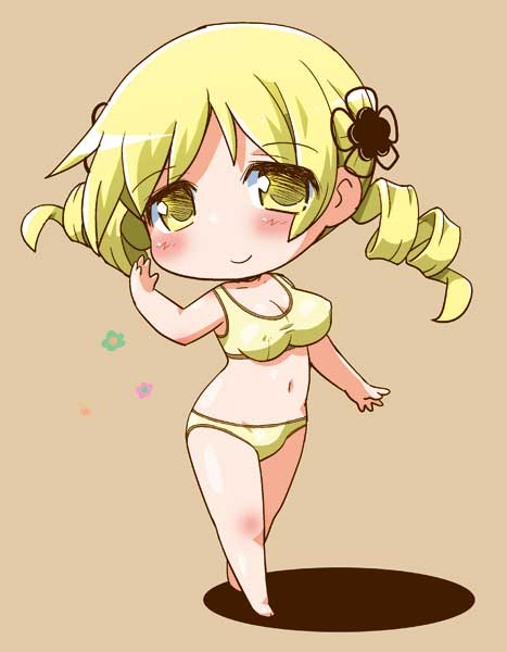 1girl barefoot blonde_hair blush bra breasts chibi cleavage covered_nipples drill_hair full_body gerotan large_breasts looking_at_viewer mahou_shoujo_madoka_magica navel panties smile solo tomoe_mami twin_drills underwear underwear_only yellow_bra yellow_eyes yellow_panties