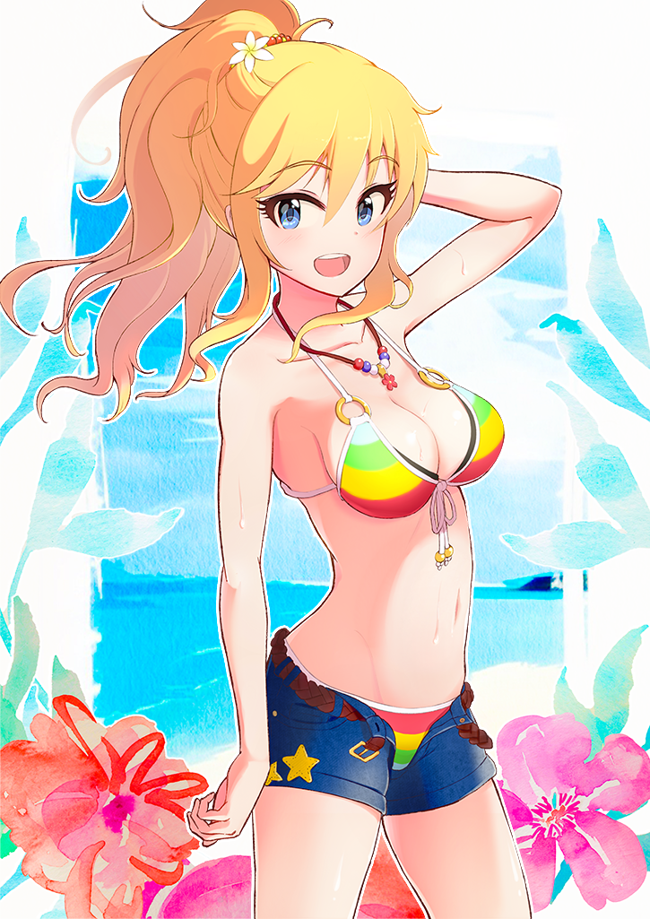 1girl :d arm_at_side arm_up bare_arms bare_shoulders belt bikini blonde_hair blue_eyes blue_shorts breasts cleavage collarbone colored_stripes cowboy_shot denim denim_shorts eyebrows eyebrows_visible_through_hair flower hair_flower hair_ornament hand_in_hair horizontal_stripes idolmaster idolmaster_cinderella_girls jewelry looking_at_viewer medium_breasts navel necklace ootsuki_yui open_fly open_mouth pendant ponytail shorts sidelocks smile solo standing stomach striped striped_bikini swimsuit thighs unbuckled_belt white_flower
