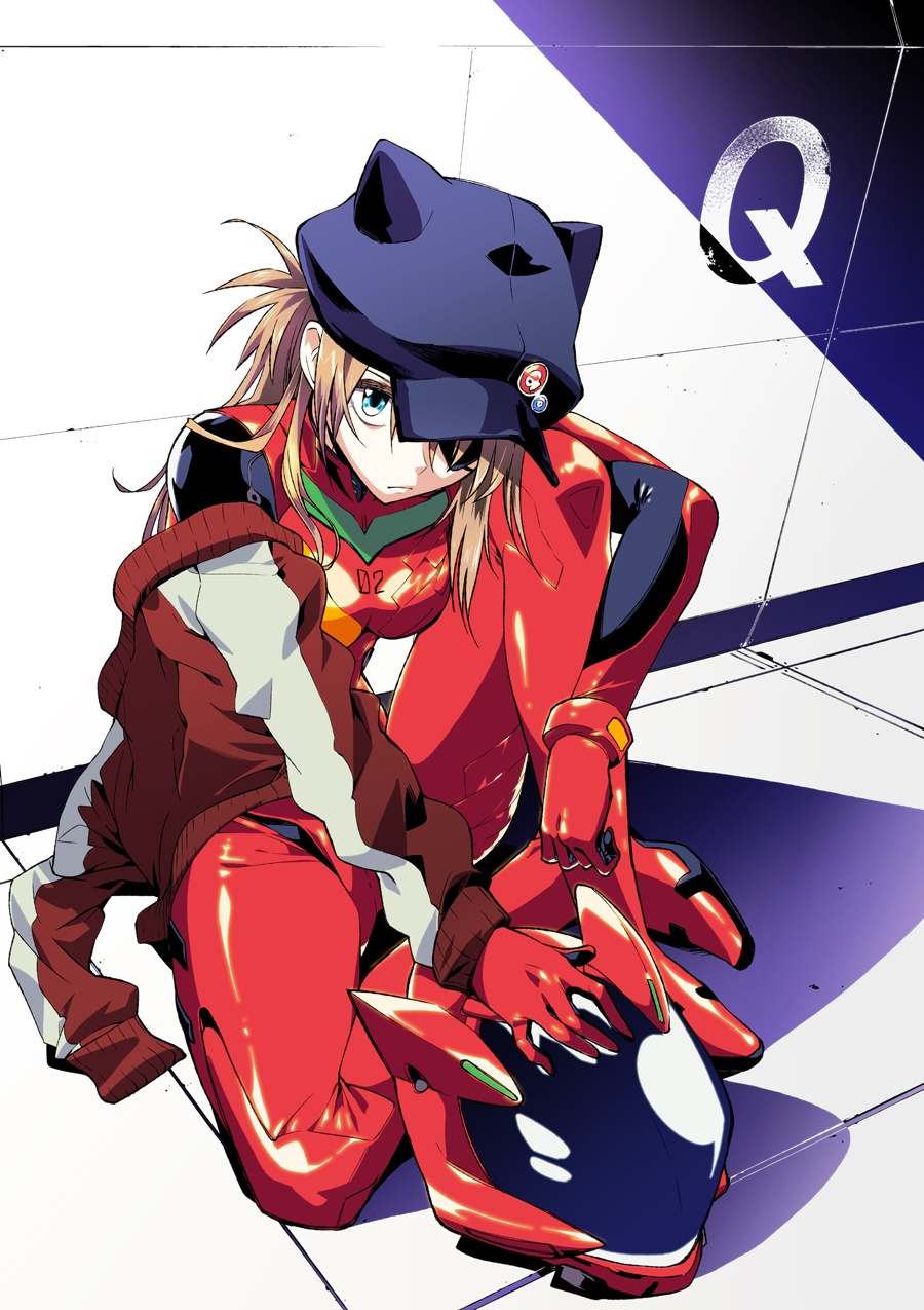 1girl animal_ears animal_hat animal_helmet badge bangs black_hat blue_eyes bodysuit bracer breasts button_badge cabbie_hat cat_hat clenched_hand closed_mouth copyright_name evangelion:_3.0_you_can_(not)_redo eyepatch fake_animal_ears frown fuku_(pukuyan) full_body gloves hair_over_one_eye hand_on_headwear hat hat_ornament head_tilt headwear_removed helmet helmet_removed highres indoors jacket knee_up light_brown_hair long_hair long_sleeves looking_at_viewer medium_breasts neon_genesis_evangelion number off_shoulder on_floor open_clothes open_jacket pilot_suit plugsuit rebuild_of_evangelion red_jacket revision shadow shikinami_asuka_langley shiny shiny_clothes single_vertical_stripe sitting solo souryuu_asuka_langley spread_legs tape tile_floor tile_wall tiles track_jacket turtleneck two_side_up