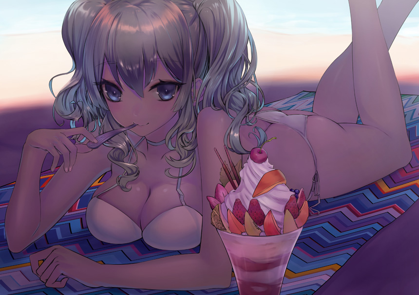 1girl ass bangs bare_arms bare_legs beach bikini blanket blue_eyes breast_press breasts butt_crack cherry choker cleavage closed_mouth collarbone cream curly_hair eyelashes fingernails food fruit glowing glowing_eyes grey_hair hair_between_eyes holding holding_spoon ice_cream kantai_collection kashima_(kantai_collection) legs_up looking_at_viewer lying mins_(minevi) mouth_hold nail_polish ocean on_stomach outdoors peach pocky shade shiny shiny_hair side-tie_bikini sidelocks silver_hair smile solo spoon spoon_in_mouth strawberry sundae swimsuit two_side_up white_bikini