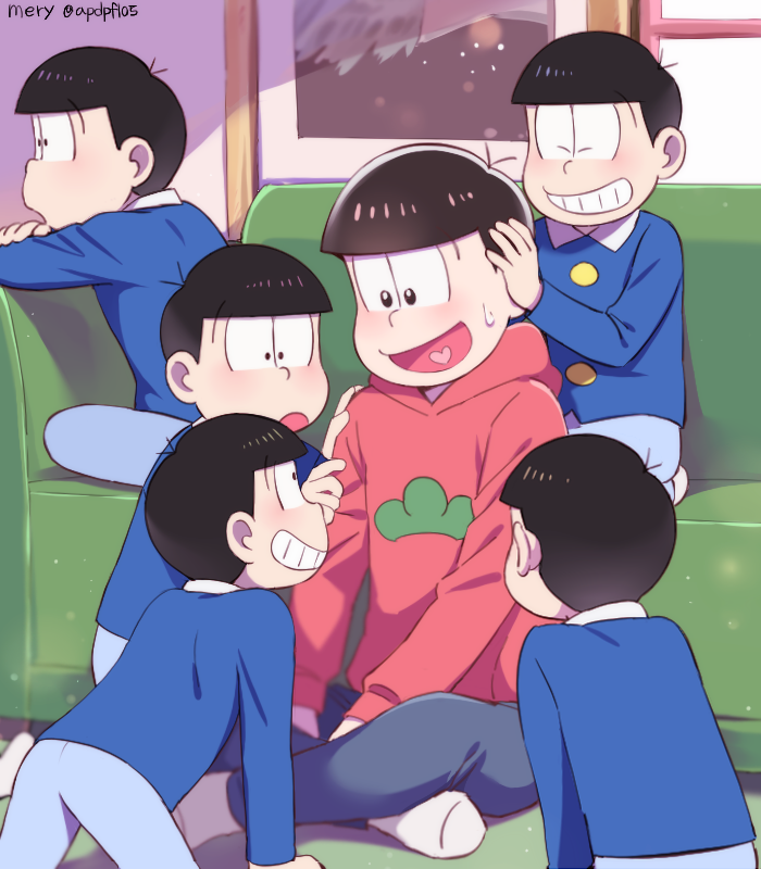 6+boys artist_name brothers couch head_rest heart heart_in_mouth hood hoodie indian_style kneeling looking_at_another matching_outfit matsuno_choromatsu matsuno_ichimatsu matsuno_juushimatsu matsuno_karamatsu matsuno_osomatsu matsuno_todomatsu mery_(apfl0515) multiple_boys osomatsu-kun osomatsu-san pants sextuplet_(osomatsu-kun) sextuplets siblings sitting smile socks sweatdrop twitter_username wing_collar younger