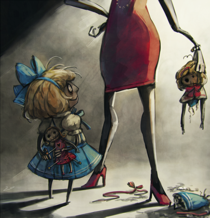 2girls alice_margatroid alice_margatroid_(pc-98) character_doll commentary doll dress high_heels koto_inari multiple_girls red_dress short_hair skirt smile suspender_skirt suspenders touhou touhou_(pc-98) voodoo_doll